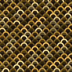 A seamless pattern of overlapping golden and bronze semi-circles, resembling metallic sequins or fish scales in a luxury art deco style. © putrimaginery