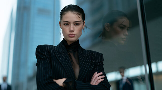 modern businesswoman in pinstripe blazer against reflective skyscraper, serious fashion portrait of woman with slickedback hair, confident professional woman reflected in blue glass facade