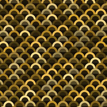 A seamless pattern of overlapping golden and bronze semi-circles, resembling metallic sequins or fish scales in a luxury art deco style.