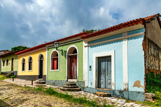 Colorful houses on the streets of the historic town of Alcantara, Maranhao.
