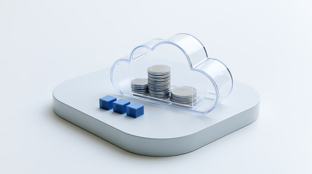 Cloud computing concept with silver coins stack inside a transparent plastic cloud container and blue data blocks on white background