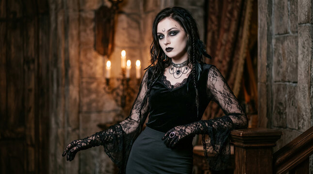 Young fashion model with gothic makeup and long black gloves posing in an elegant Halloween look, dramatic eye makeup, pale complexion, dark lips and a mysterious expression