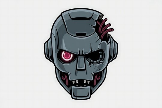 3D Cartoon Damaged Killer Robot Head with Glowing Red Eye