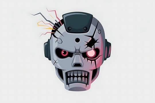 3D Cartoon Damaged Killer Robot Head with Glowing Red Eye