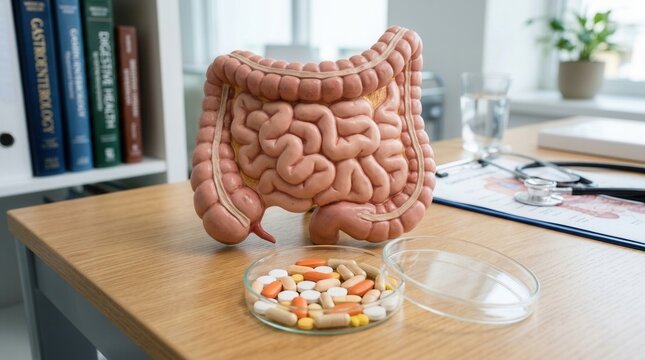 Doctor's Desk With Digestive Model And Medication Samples