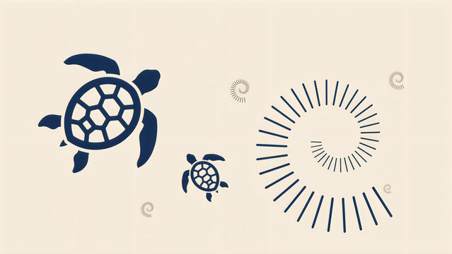 Two navy blue sea turtles swimming with a spiral shell design on a light beige background during daytime