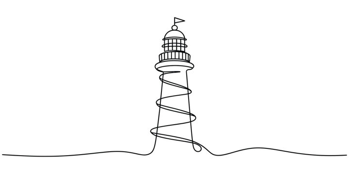 Continuous single line drawing of a lighthouse tower isolated on a white background Vector, illustration