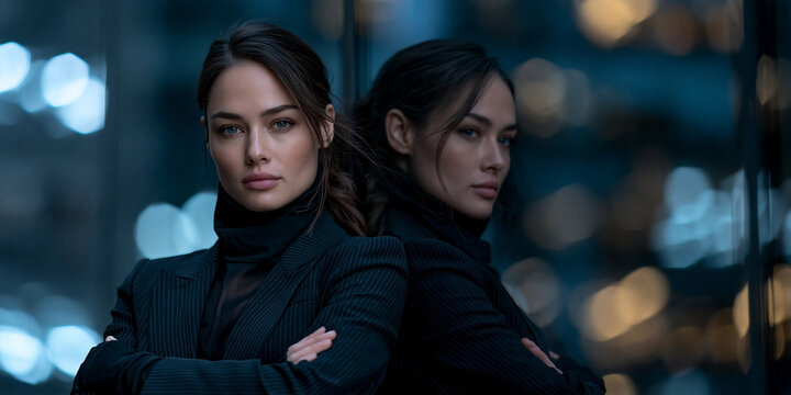 modern businesswoman in pinstripe blazer against reflective skyscraper, serious fashion portrait of woman with slickedback hair, confident professional woman reflected in blue glass facade