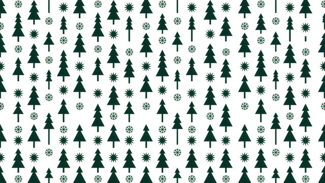 Dark green pine trees and snowflakes repeating pattern on white background festive winter motif graphic design