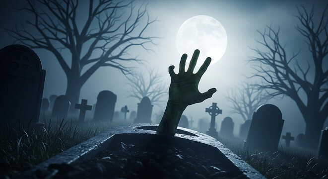 A single hand emerges from a grave during a spooky halloween night with a full moon illuminating the scene