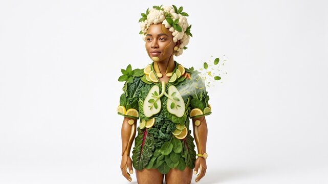 An African American woman embodies a healthy lifestyle, with her body formed from vibrant, sustainable vegetables. This creative concept promotes nutrition and holistic wellness.
