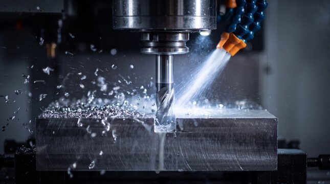 Automated CNC milling machine cutting metal block with cooling liquid