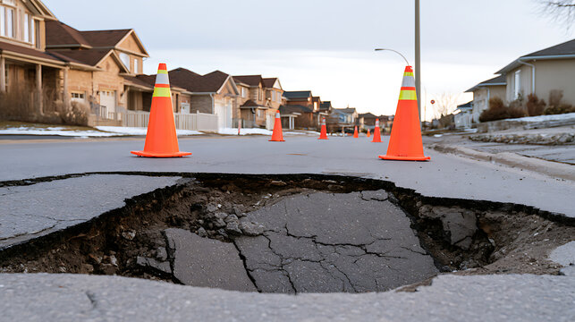 A large dangerous pothole on a suburban asphalt street in front of residential homes marked with bright orange safety cones for hazard warn