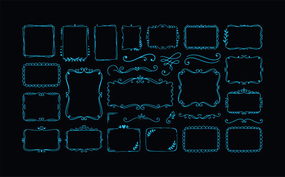 Collection of blue ornate vintage frames and decorative dividers on black background for design.