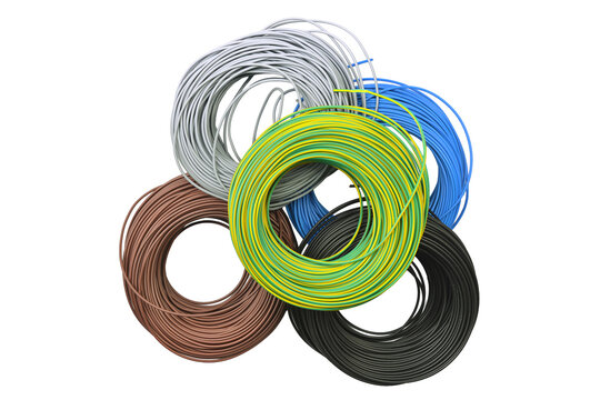 A pile of coiled electrical wires in various colors