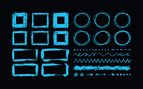 Collection of hand drawn square and circle frames, scribbled lines, arrows, and dots for creative design.