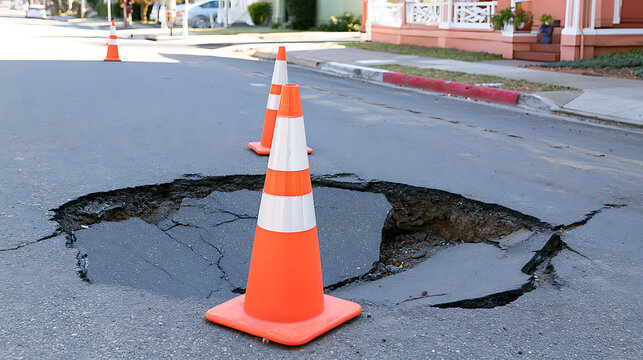 A large dangerous sinkhole on an urban asphalt street surrounded by bright orange safety traffic cones to warn drivers of road damage