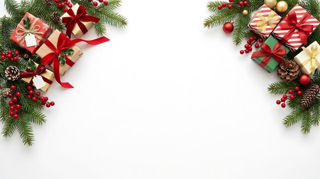 Festive christmas border with gift boxes and pine branches in a high quality jpeg format
