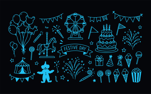 Blue festive carnival elements including circus tent Ferris wheel carousel cake and balloons.
