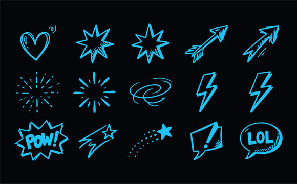 Set of hand drawn blue doodle elements including hearts, stars, arrows, and speech bubbles for graphic design.