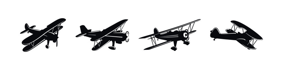 Collection of vintage biplane silhouettes in various dynamic poses © 11ua