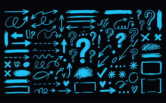 Vast collection of blue hand drawn doodle symbols like arrows, question marks, hearts, and checks for design.
