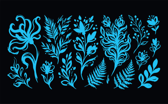 Blue floral elements and leaves for decorative design and artistic brush strokes on black background, natural botanical illustrations.