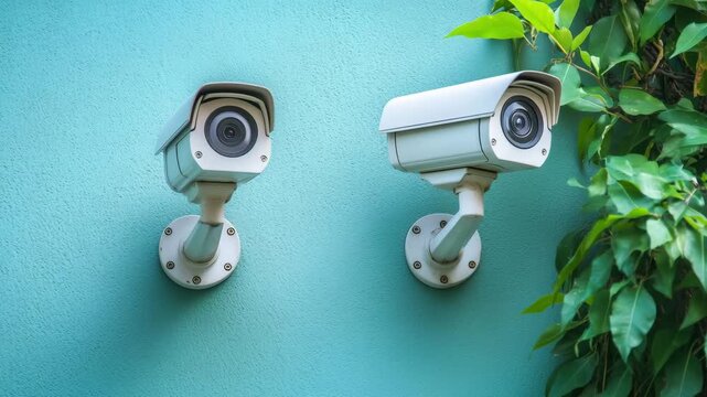 Two security cameras are installed on a blue wall surrounded by green leaves monitoring the area for safety and protection