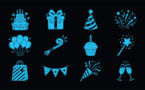 Blue birthday party elements with cake, gifts, balloons, and confetti for celebration designs, festive icons set.