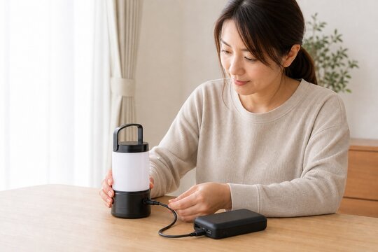 停電に備えて充電式照明を準備する日本人女性