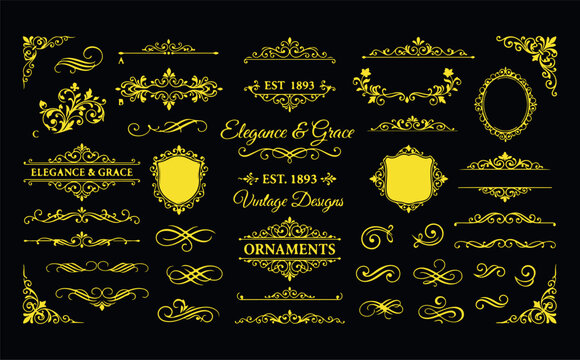 Yellow vintage decorative elements and frames with flourishes and crests for classic branding and signage.