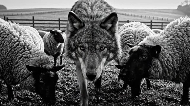 Wolf surrounded by sheep in black and white