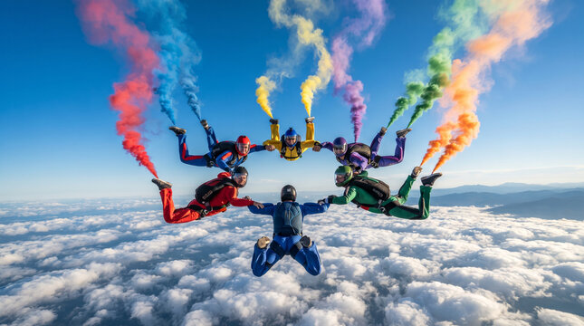 Skydivers with Color Smoke in Formation Above the Clouds