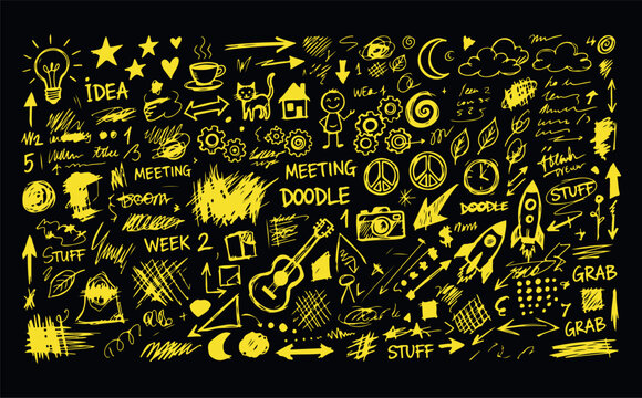 Yellow hand-drawn doodle elements and symbols scattered on black for creative ideas and notes.