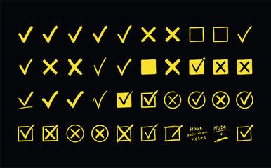 Fototapeta premium Set of yellow hand drawn check marks crosses and squares on black background for design.