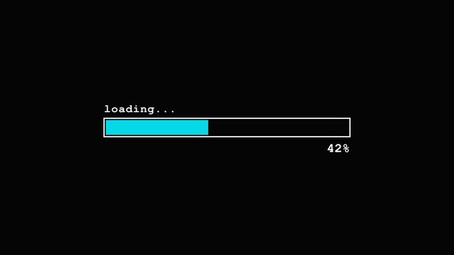 Progress bar loading animation with digital glitch effect and RGB split filling zero to one hundred percent on black background.