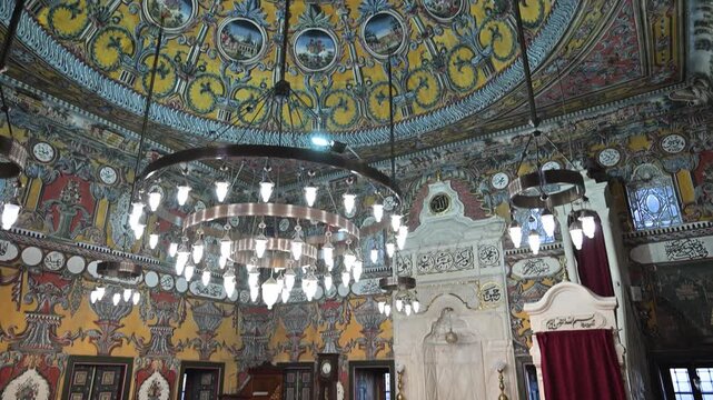 Painted Mosque interior showing decorative ceilings and walls in Tetovo, Macedonia