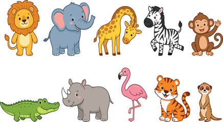 Obraz premium Cute safari and jungle animals collection, cartoon wild animal characters sticker set for children isolated on white background
