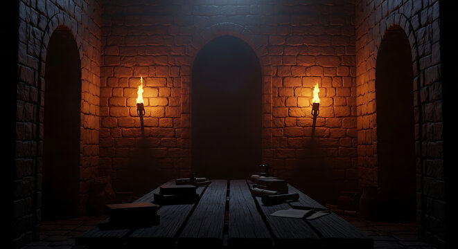 Mysterious halloween dungeon chamber with torches and a wooden table for a spooky celebration