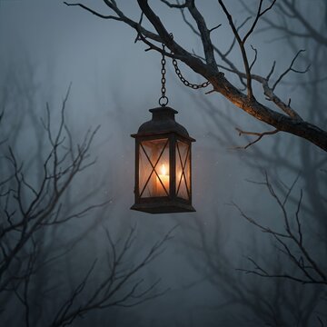 An antique metal lantern with a warm glowing candle hangs from a gnarled leafless tree branch amidst a dense mysterious foggy forest at night atmosphere.