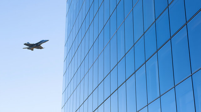 A military jet airplane fly low past a modern skyscraper glass facade in a clear blue sky background with reflection and urban atmosphere