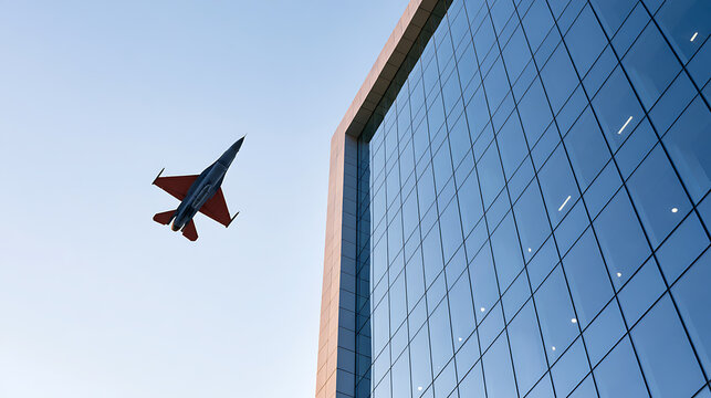A military jet fighter flies past a modern glass skyscraper in a clear blue sky, capturing power, speed, urban architecture, and air show