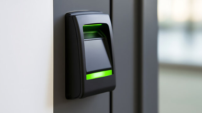 Modern electronic access control reader device mounted on a dark office door frame with bright green light indicating authorization granted