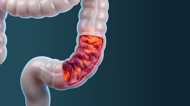 3D medical illustration of a human colon showing internal inflammation