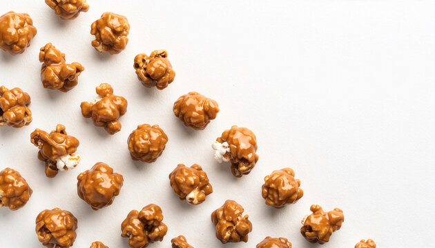 Top down view of crunchy caramel popcorn forming a diagonal border on white background