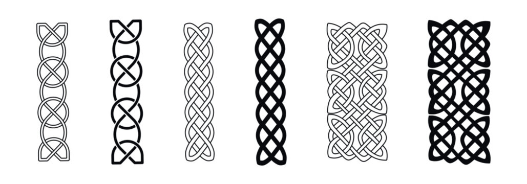 Collection of intricate Celtic knot patterns and borders in black and white