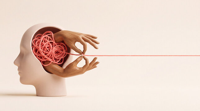 Wooden hands untangling string inside a human head 3D illustration