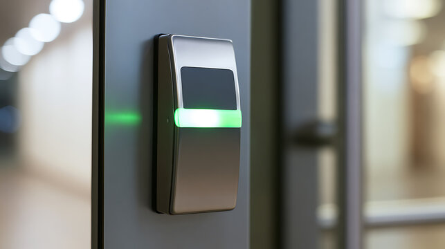 Modern electronic access control reader device mounted on a dark office door frame with bright green status light indicating permission granted