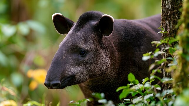 A close up of a tapir in a lush green forest  showing its dark fur  alert ears  and calm expression among dense foliage