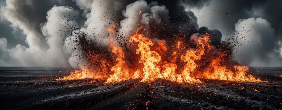 Massive explosion unleashes intense fire flames and dark smoke clouds across desolate landscape. Sparks and embers fly outwards from intense heat, creating dramatic and chaotic scene outdoors.